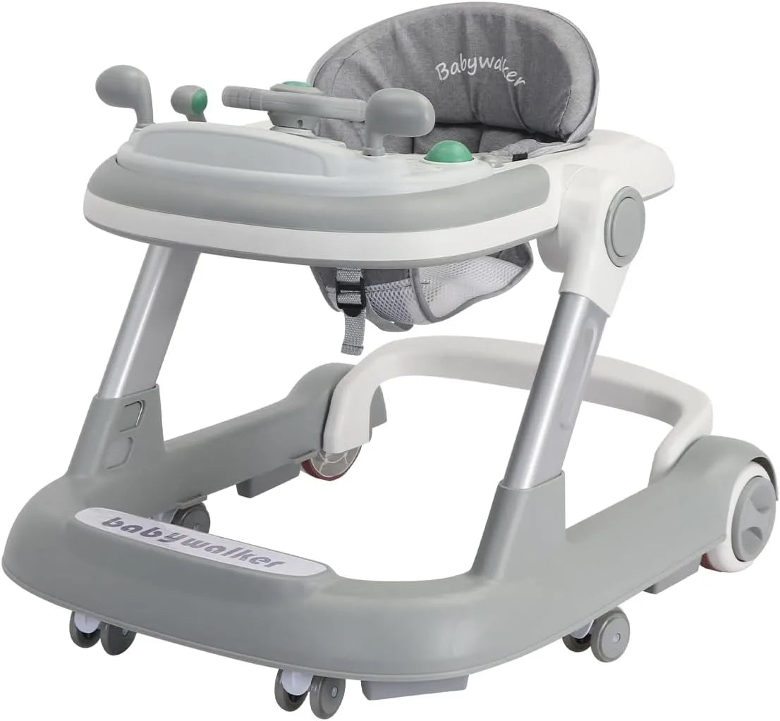 2 in 1 Baby Walker, Toddler with Removable Feeding Tray and Music Tray(Without Battery), Foldable