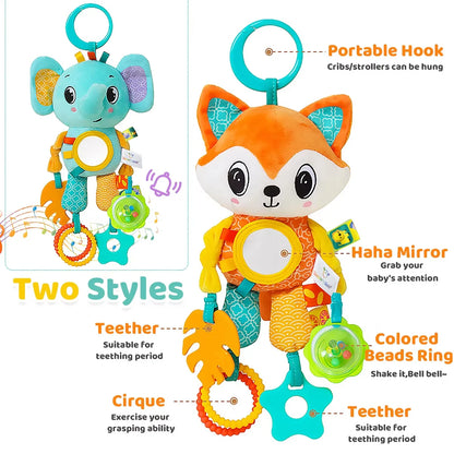 Soft Hanging Crinkle Squeaky Sensory. Travel Plush Animal Wind Chime with Teether Boys/ Girls
