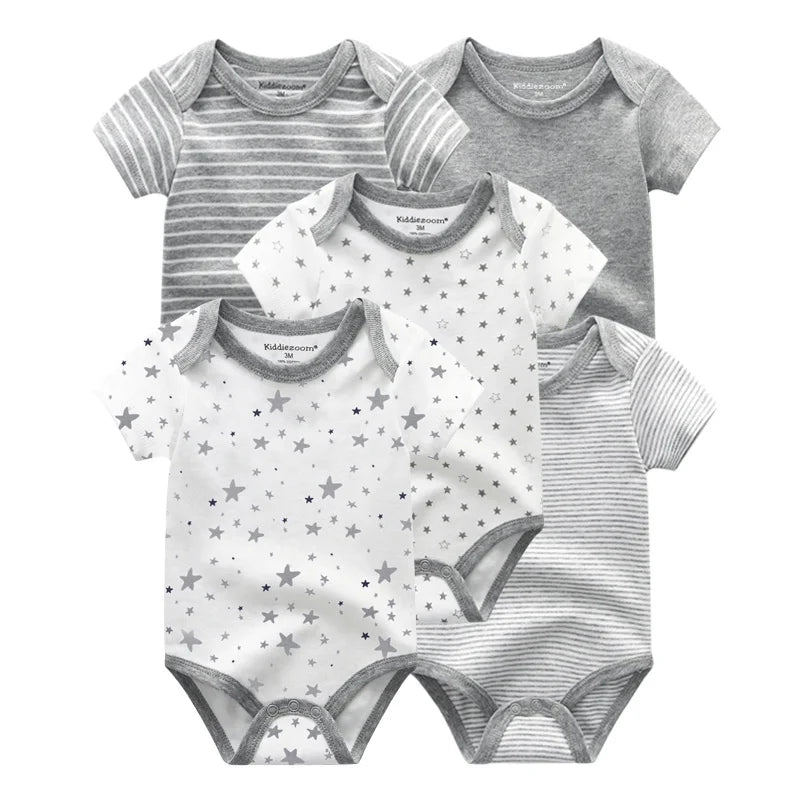 Kiddiezoom Summer 5 Piece Fashion Cartoon Boys and Girls Bodysuits 100% Cotton