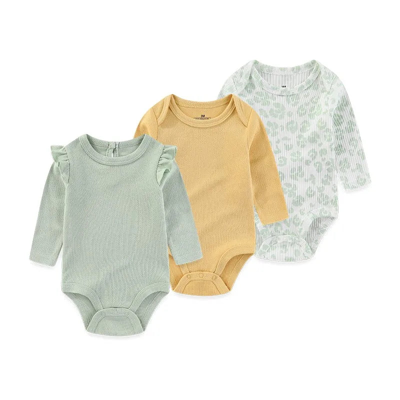 Kiddiezoom 3 Pcs Newborn  Long Sleeve 100%cotton Baby Boy Girl Bodysuit Soft Infant Onesies