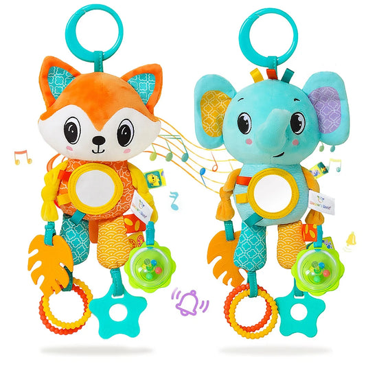 Soft Hanging Crinkle Squeaky Sensory. Travel Plush Animal Wind Chime with Teether Boys/ Girls
