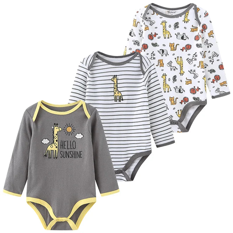 Kiddiezoom 3 Pcs Newborn  Long Sleeve 100%cotton Baby Boy Girl Bodysuit Soft Infant Onesies