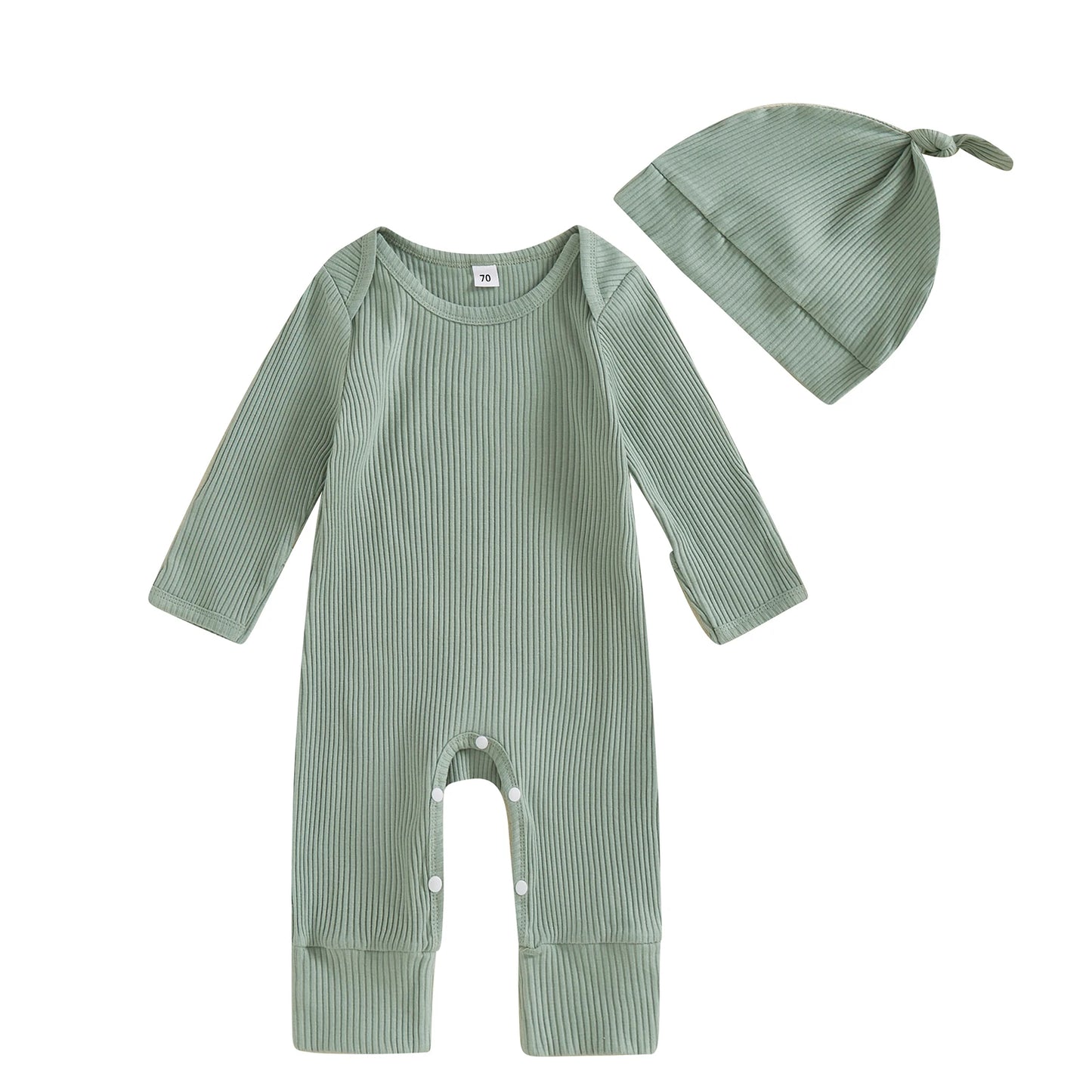 Solid Ribbed Long Sleeve Newborn Baby Romper with Hats Soft Casual  Girls Boys