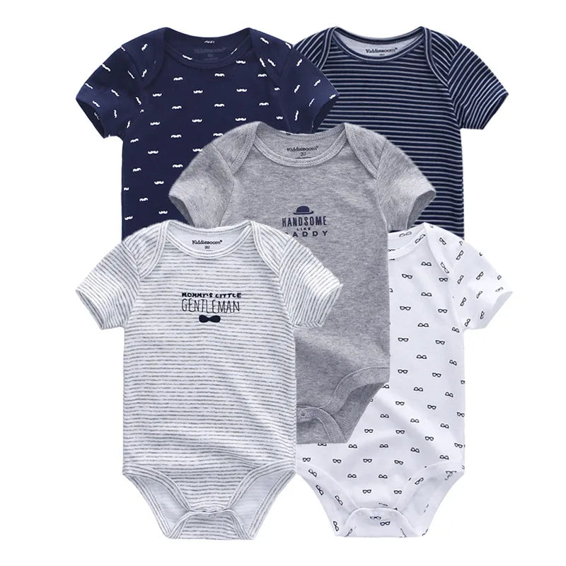 Kiddiezoom Summer 5 Piece Fashion Cartoon Boys and Girls Bodysuits 100% Cotton