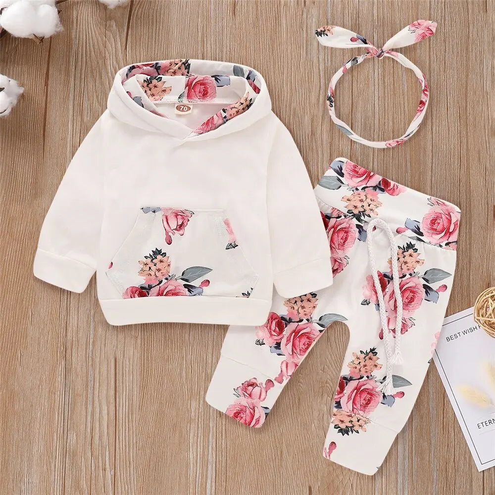 0-18 Months Toddler Baby Girl 3PCS Hooded Clothes Set Flowers Print Long Sleeve Top+Pant+Bowknot Headband