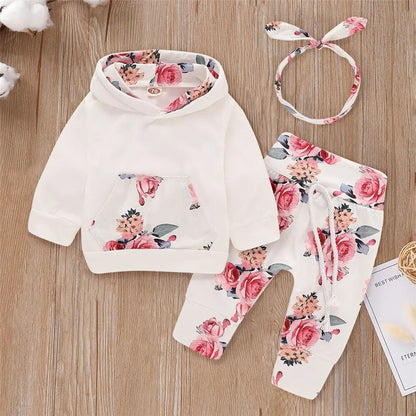 0-18 Months Toddler Baby Girl 3PCS Hooded Clothes Set Flowers Print Long Sleeve Top+Pant+Bowknot Headband