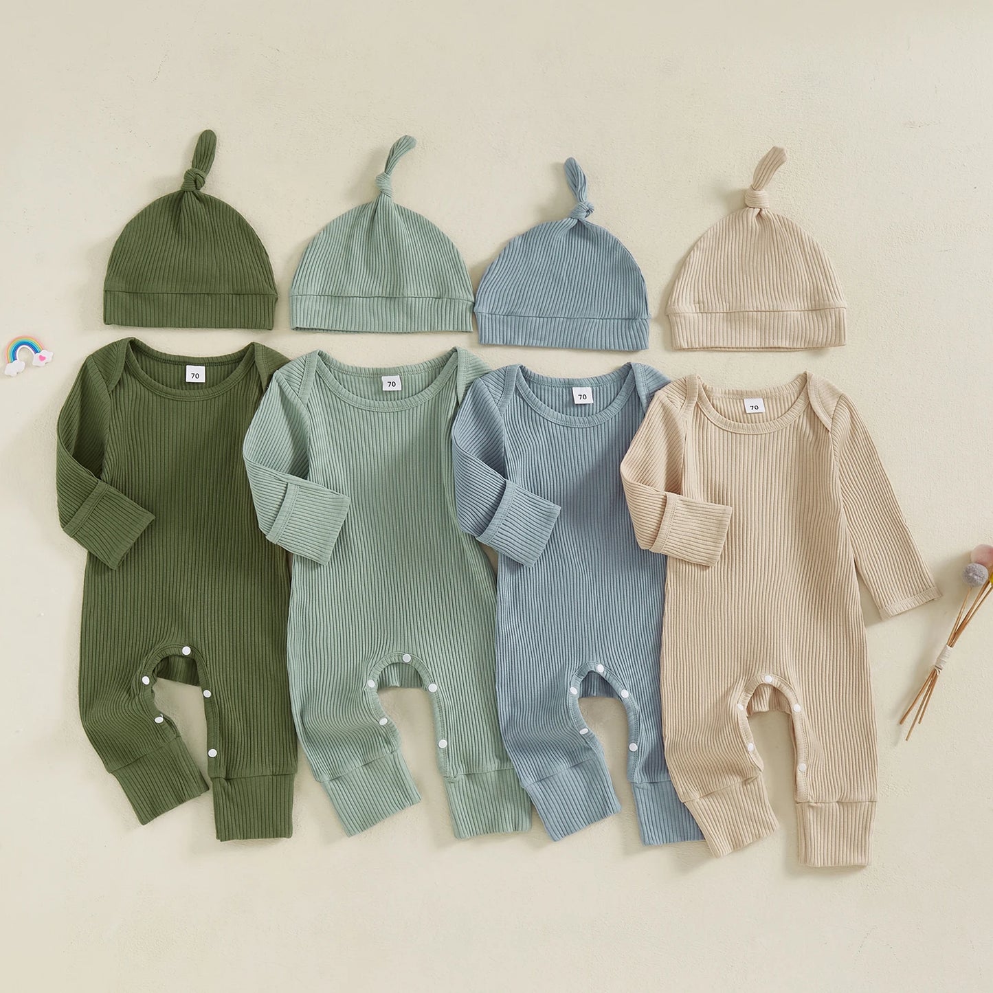 Solid Ribbed Long Sleeve Newborn Baby Romper with Hats Soft Casual  Girls Boys