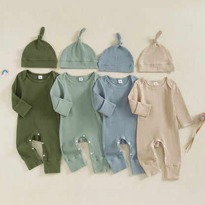 Solid Ribbed Long Sleeve Newborn Baby Romper with Hats Soft Casual  Girls Boys