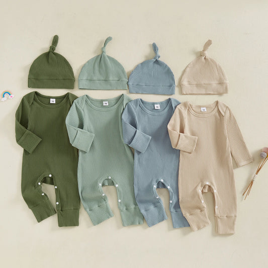 Solid Ribbed Long Sleeve Newborn Baby Romper with Hats Soft Casual  Girls Boys