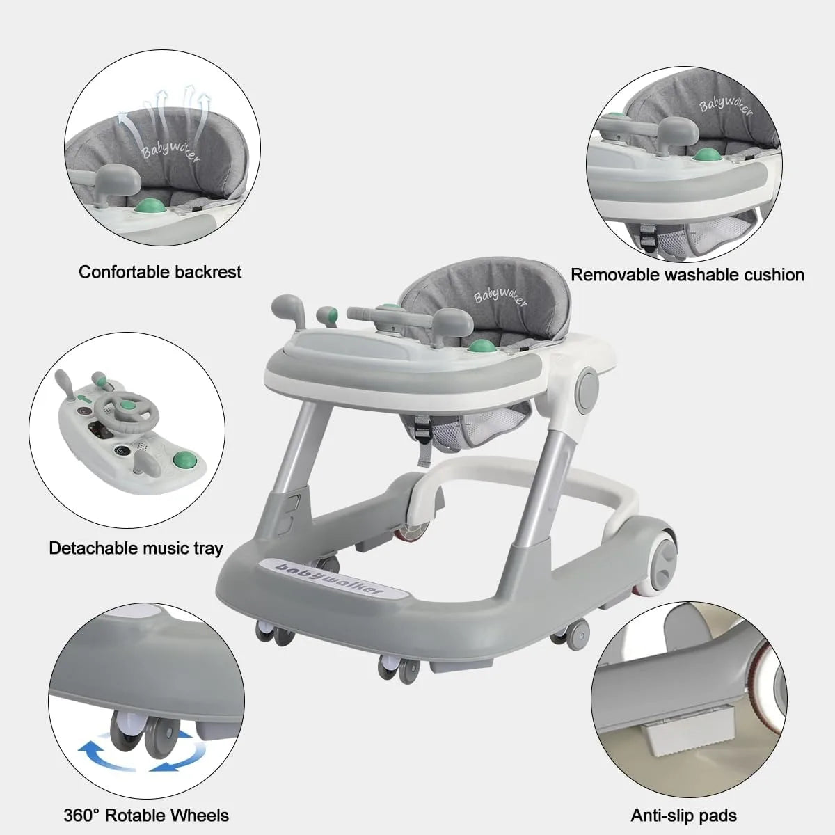2 in 1 Baby Walker, Toddler with Removable Feeding Tray and Music Tray(Without Battery), Foldable