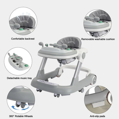 2 in 1 Baby Walker, Toddler with Removable Feeding Tray and Music Tray(Without Battery), Foldable