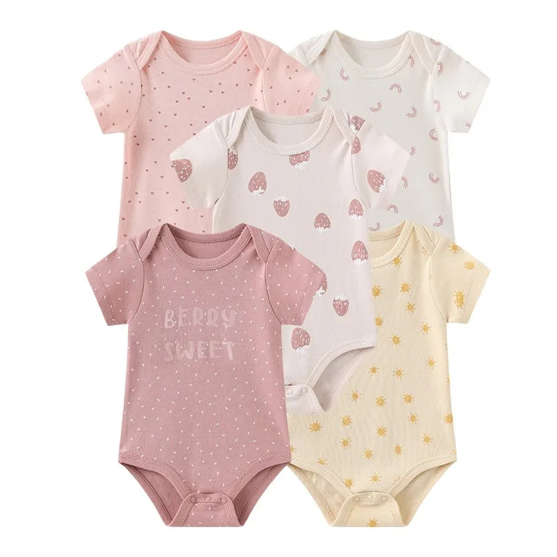 Kiddiezoom Summer 5 Piece Fashion Cartoon Boys and Girls Bodysuits 100% Cotton