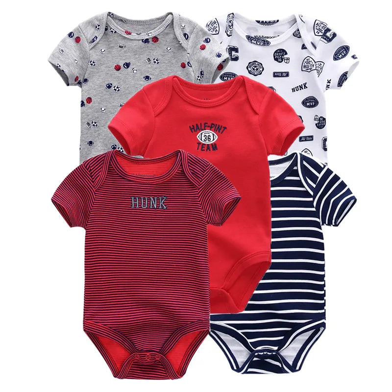 Kiddiezoom Summer 5 Piece Fashion Cartoon Boys and Girls Bodysuits 100% Cotton