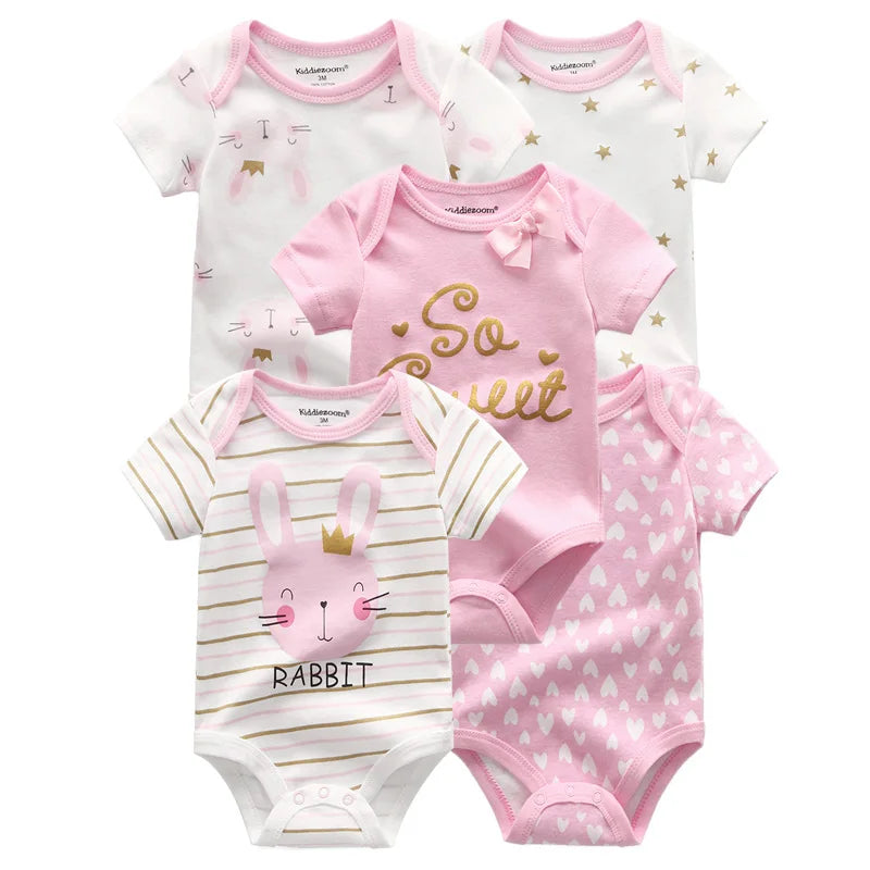 Kiddiezoom Summer 5 Piece Fashion Cartoon Boys and Girls Bodysuits 100% Cotton
