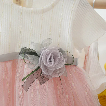 Baby Girls Dress Sweet Princess Dress Flower Ribbon  Shaggy Gauze Dress Birthday Party Dress
