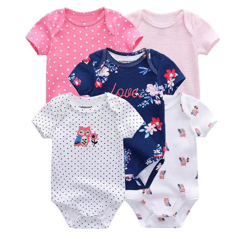 Kiddiezoom Summer 5 Piece Fashion Cartoon Boys and Girls Bodysuits 100% Cotton