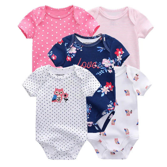 Kiddiezoom Summer 5 Piece Fashion Cartoon Boys and Girls Bodysuits 100% Cotton