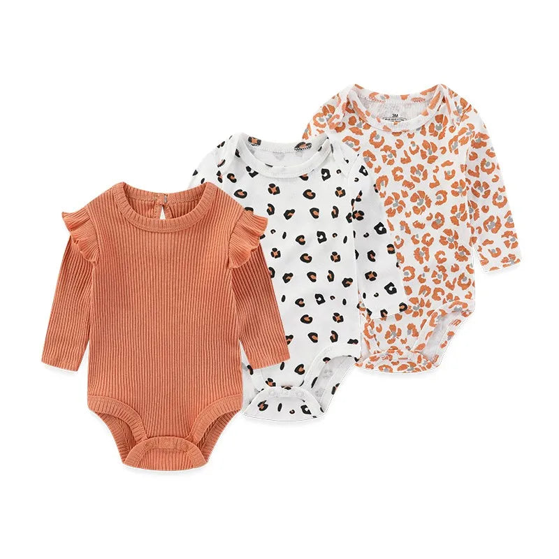 Kiddiezoom 3 Pcs Newborn  Long Sleeve 100%cotton Baby Boy Girl Bodysuit Soft Infant Onesies