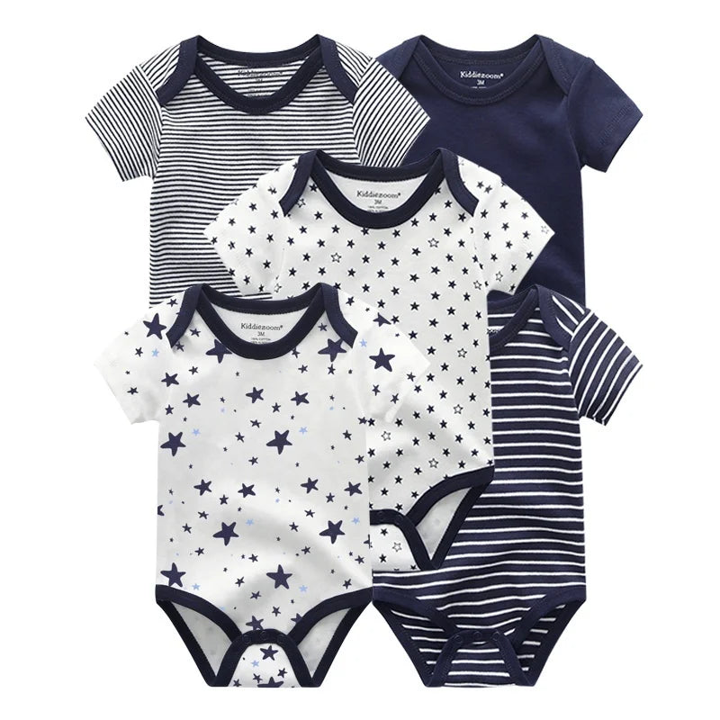 Kiddiezoom Summer 5 Piece Fashion Cartoon Boys and Girls Bodysuits 100% Cotton
