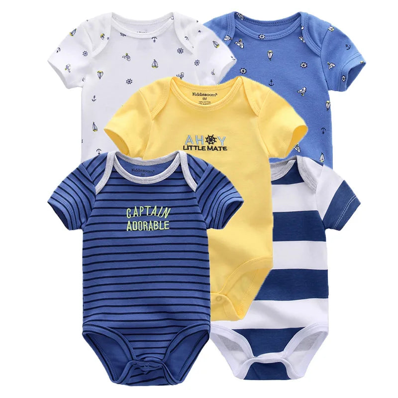 Kiddiezoom Summer 5 Piece Fashion Cartoon Boys and Girls Bodysuits 100% Cotton