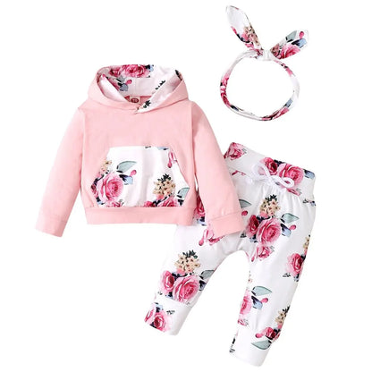 0-18 Months Toddler Baby Girl 3PCS Hooded Clothes Set Flowers Print Long Sleeve Top+Pant+Bowknot Headband