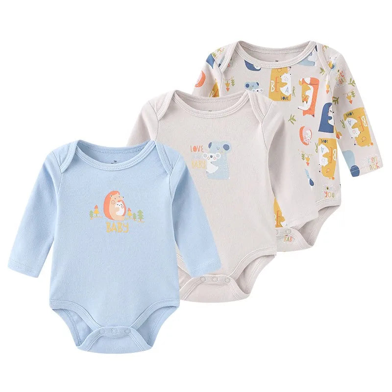 Kiddiezoom 3 Pcs Newborn  Long Sleeve 100%cotton Baby Boy Girl Bodysuit Soft Infant Onesies