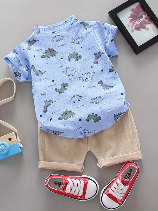 Infant and toddler summer full print dinosaur pattern short sleeved shorts set