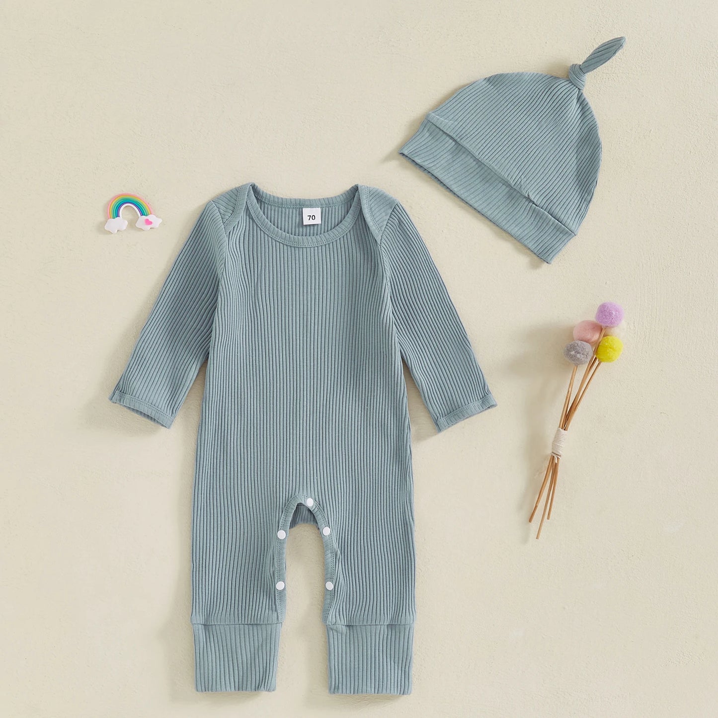 Solid Ribbed Long Sleeve Newborn Baby Romper with Hats Soft Casual  Girls Boys