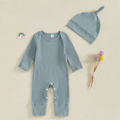 Solid Ribbed Long Sleeve Newborn Baby Romper with Hats Soft Casual  Girls Boys