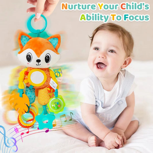 Soft Hanging Crinkle Squeaky Sensory. Travel Plush Animal Wind Chime with Teether Boys/ Girls
