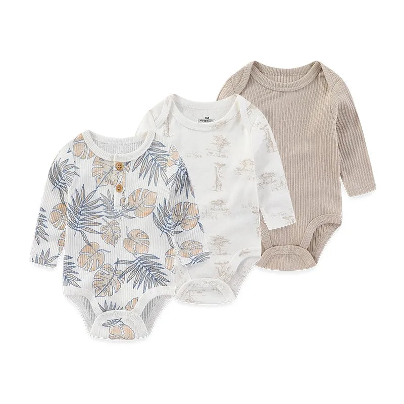Kiddiezoom 3 Pcs Newborn  Long Sleeve 100%cotton Baby Boy Girl Bodysuit Soft Infant Onesies