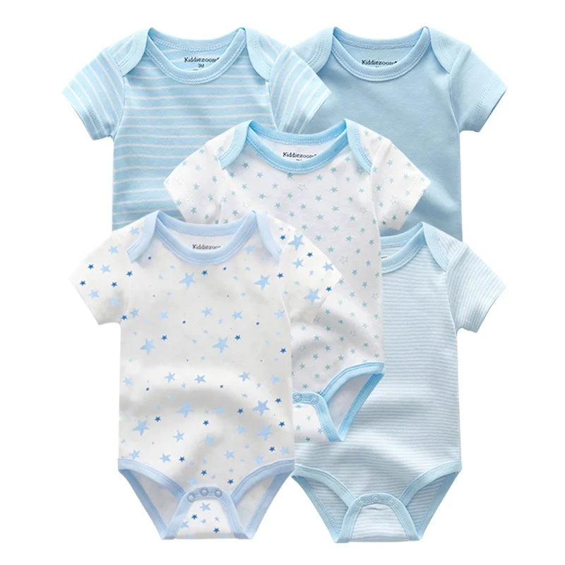 Kiddiezoom Summer 5 Piece Fashion Cartoon Boys and Girls Bodysuits 100% Cotton