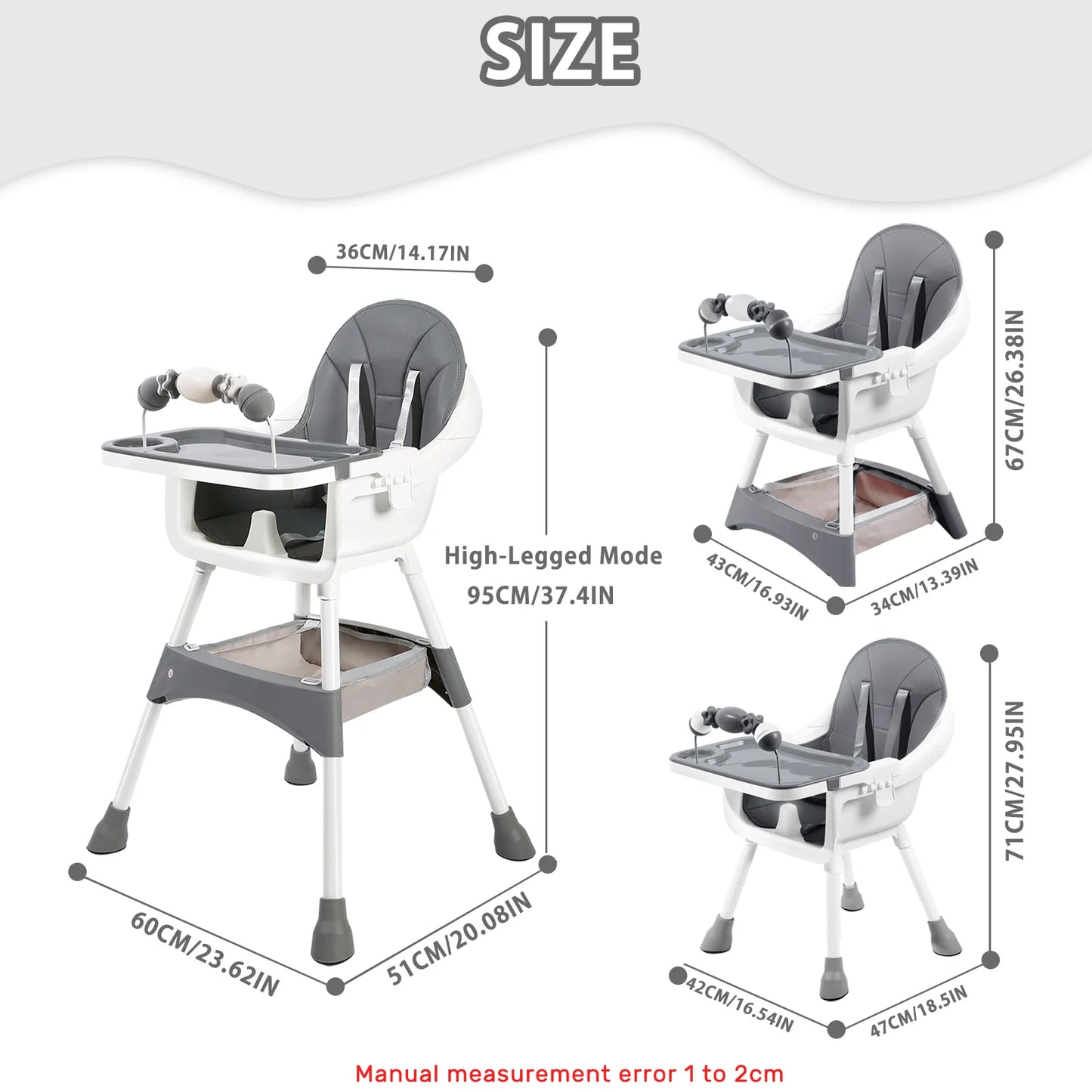 Baby High Chair, Portable Baby Convertible High Chair with Double-Layer Dinner Plate and Toy Rack