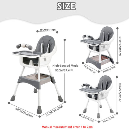 Baby High Chair, Portable Baby Convertible High Chair with Double-Layer Dinner Plate and Toy Rack