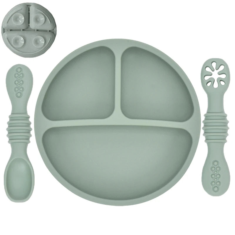Silicone Baby Dining Plate Rice Spoon Set Cute Cartoon Children Dishes Retro Kid Bowl