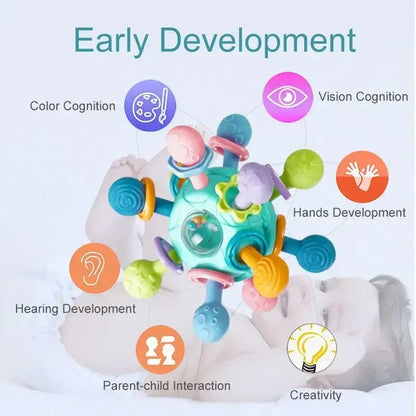 Baby  0 12 Months Rotating Rattle Ball Grasping Activity  Silicone Teether Baby Sensory Toys