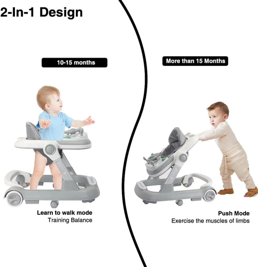 2 in 1 Baby Walker, Toddler with Removable Feeding Tray and Music Tray(Without Battery), Foldable