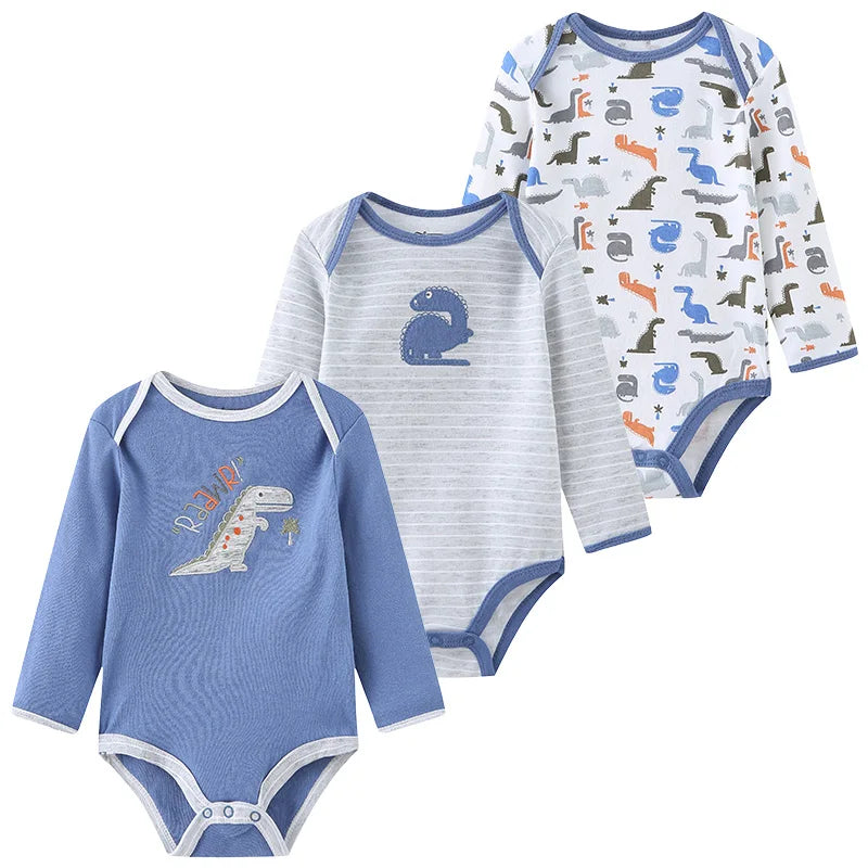 Kiddiezoom 3 Pcs Newborn  Long Sleeve 100%cotton Baby Boy Girl Bodysuit Soft Infant Onesies