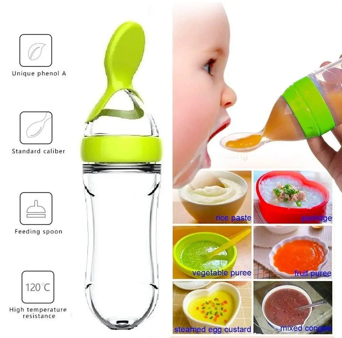 Squeezing Feeding Bottle Cup Silicone Newborn Baby Pacifier Training Rice Spoon Infant Cereal Food