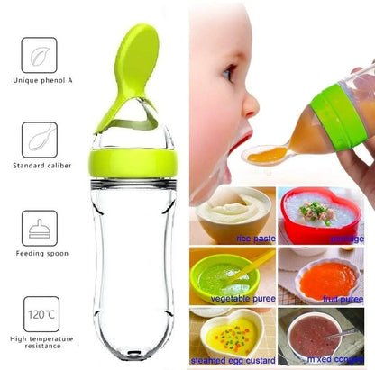 Squeezing Feeding Bottle Cup Silicone Newborn Baby Pacifier Training Rice Spoon Infant Cereal Food