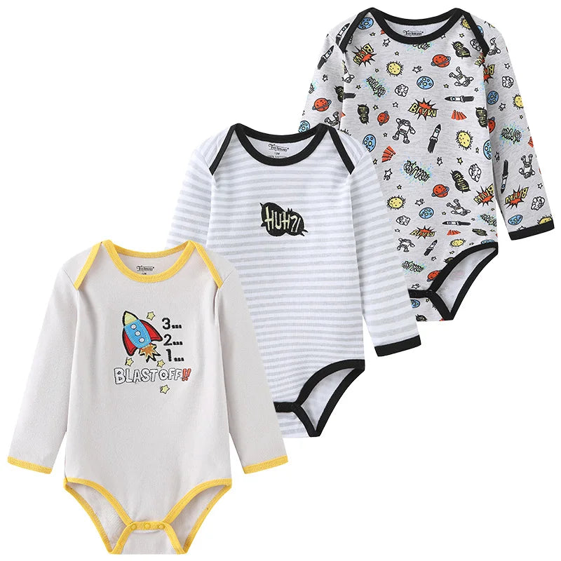 Kiddiezoom 3 Pcs Newborn  Long Sleeve 100%cotton Baby Boy Girl Bodysuit Soft Infant Onesies