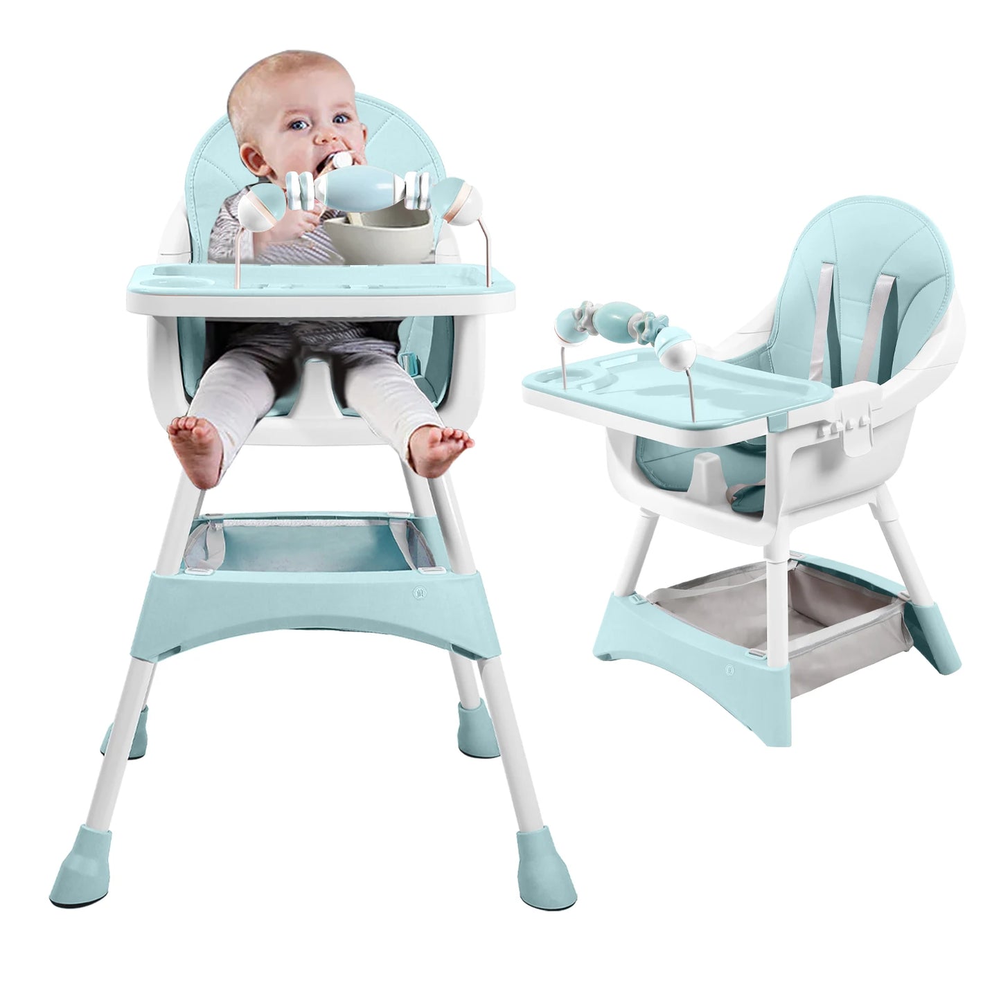 Baby High Chair, Portable Baby Convertible High Chair with Double-Layer Dinner Plate and Toy Rack