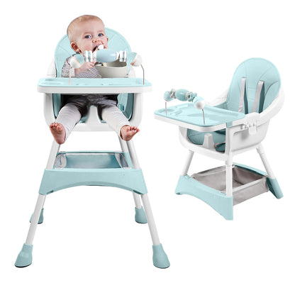 Baby High Chair, Portable Baby Convertible High Chair with Double-Layer Dinner Plate and Toy Rack