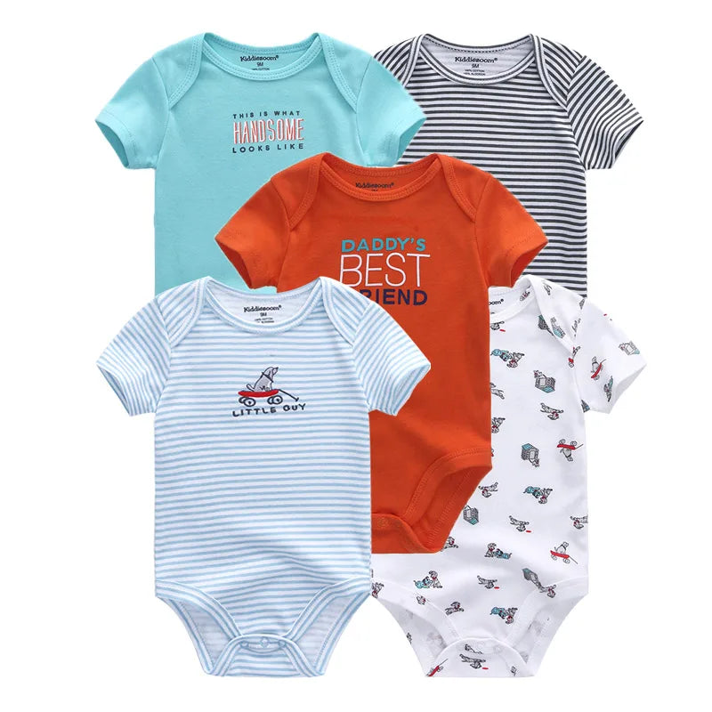Kiddiezoom Summer 5 Piece Fashion Cartoon Boys and Girls Bodysuits 100% Cotton