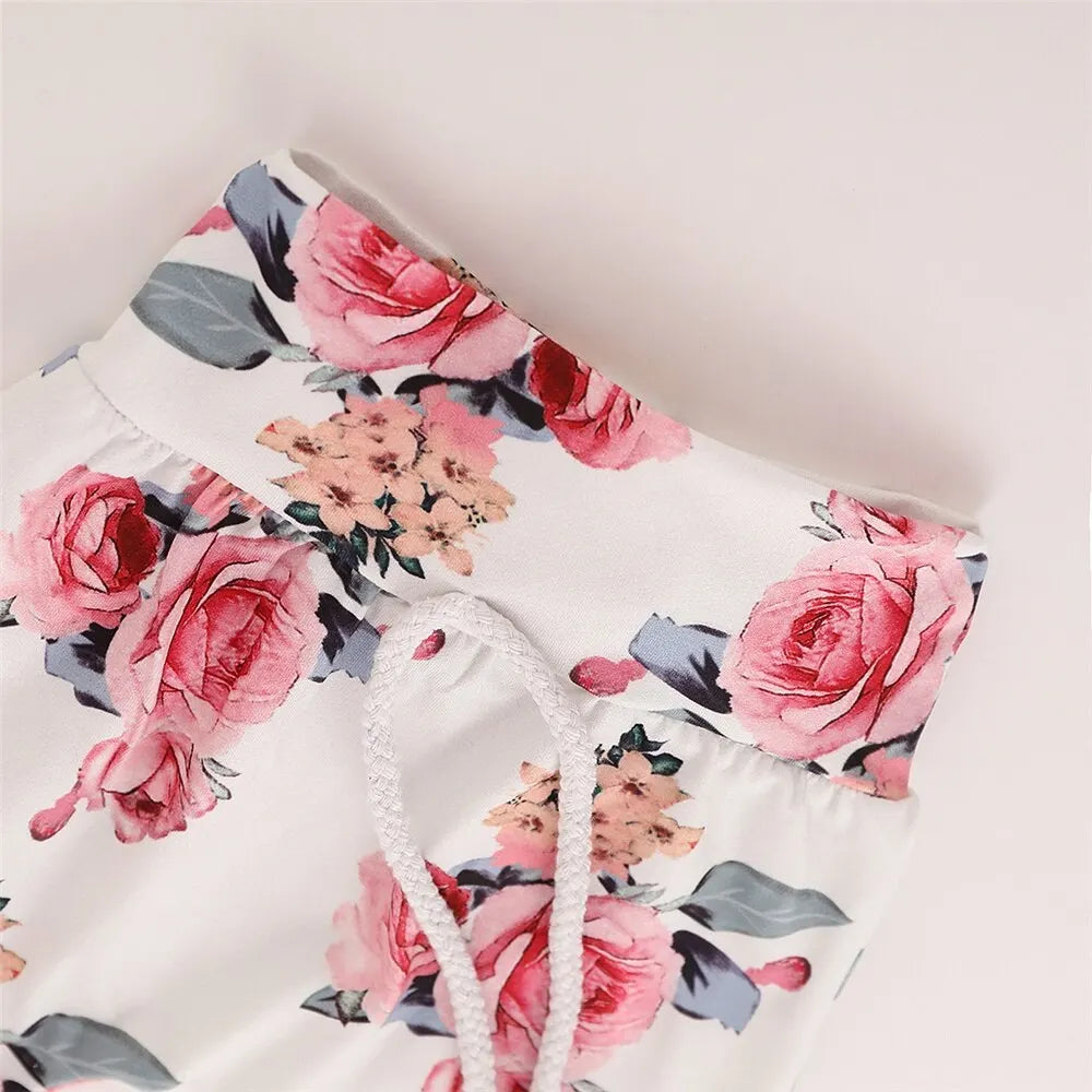 0-18 Months Toddler Baby Girl 3PCS Hooded Clothes Set Flowers Print Long Sleeve Top+Pant+Bowknot Headband