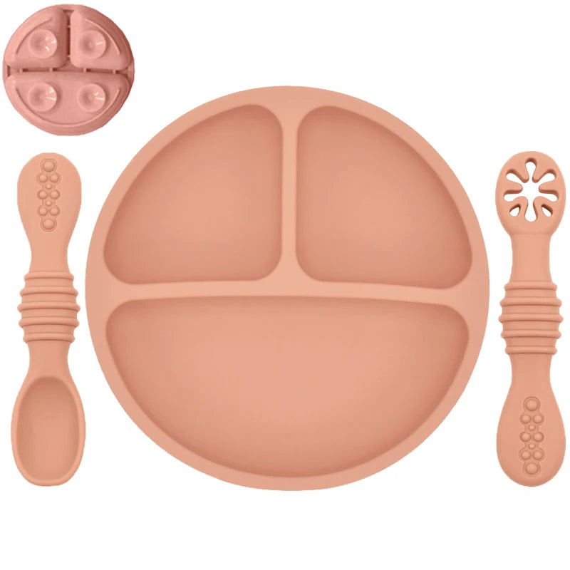Silicone Baby Dining Plate Rice Spoon Set Cute Cartoon Children Dishes Retro Kid Bowl