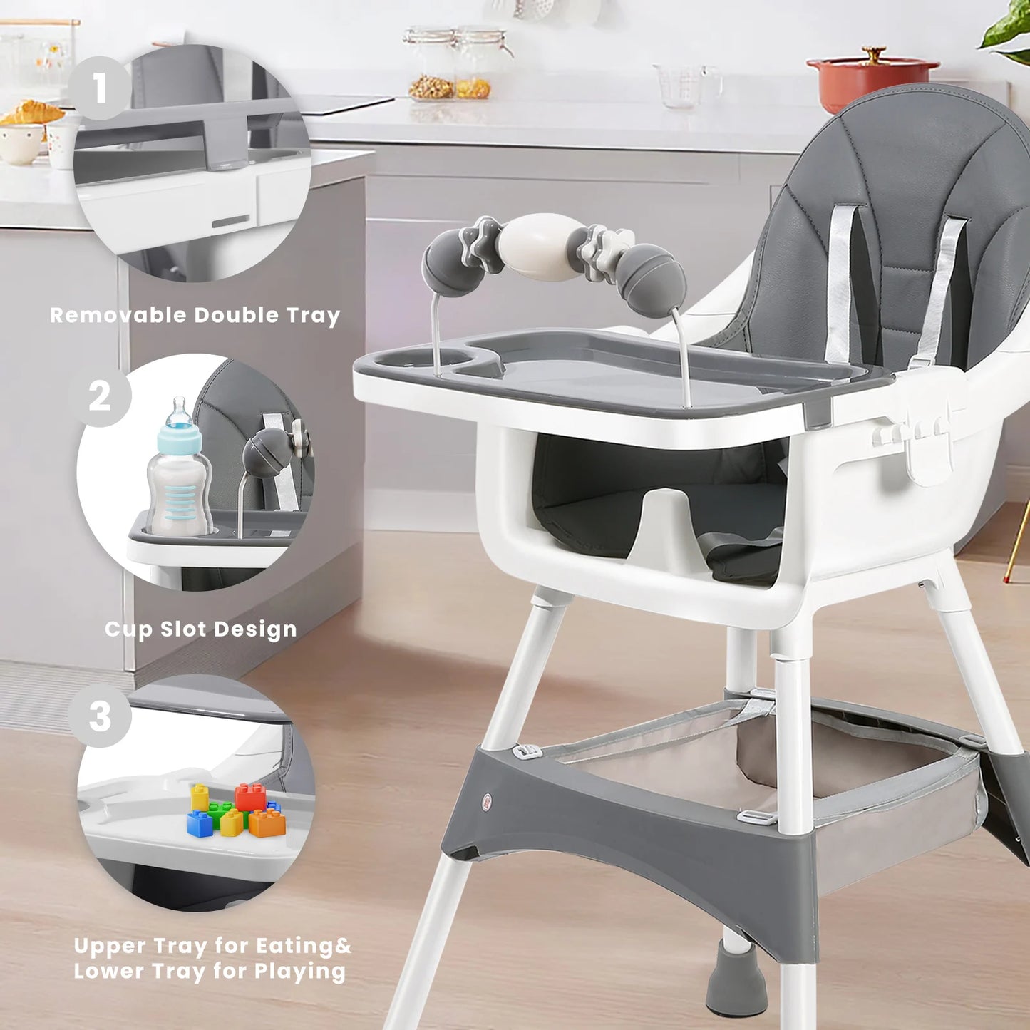 Baby High Chair, Portable Baby Convertible High Chair with Double-Layer Dinner Plate and Toy Rack
