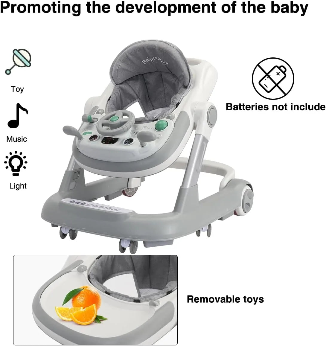 2 in 1 Baby Walker, Toddler with Removable Feeding Tray and Music Tray(Without Battery), Foldable