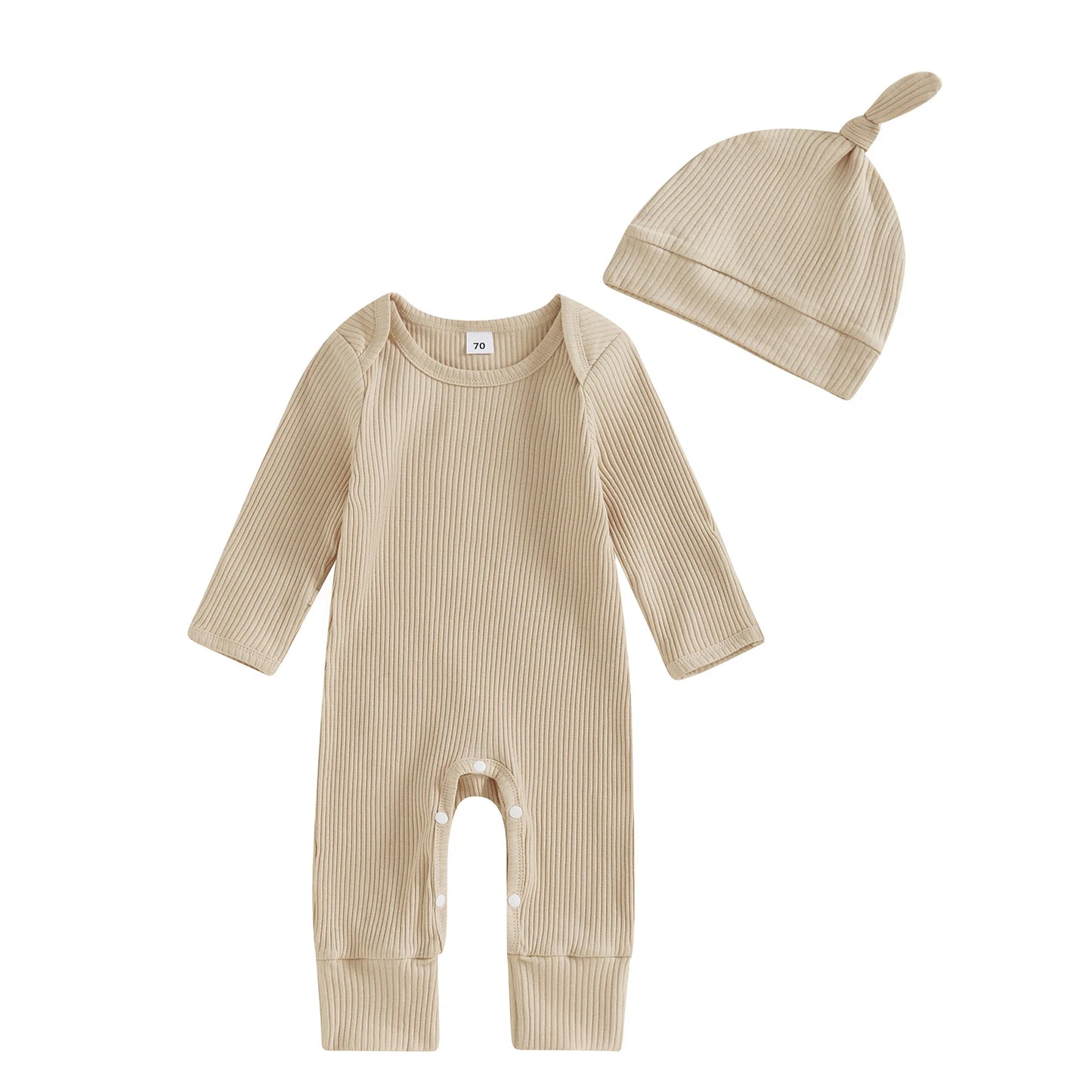 Solid Ribbed Long Sleeve Newborn Baby Romper with Hats Soft Casual  Girls Boys