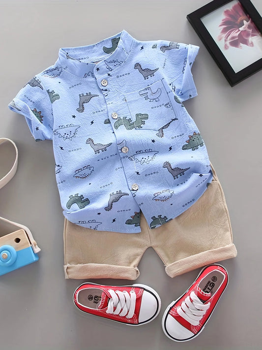 Infant and toddler summer full print dinosaur pattern short sleeved shorts set